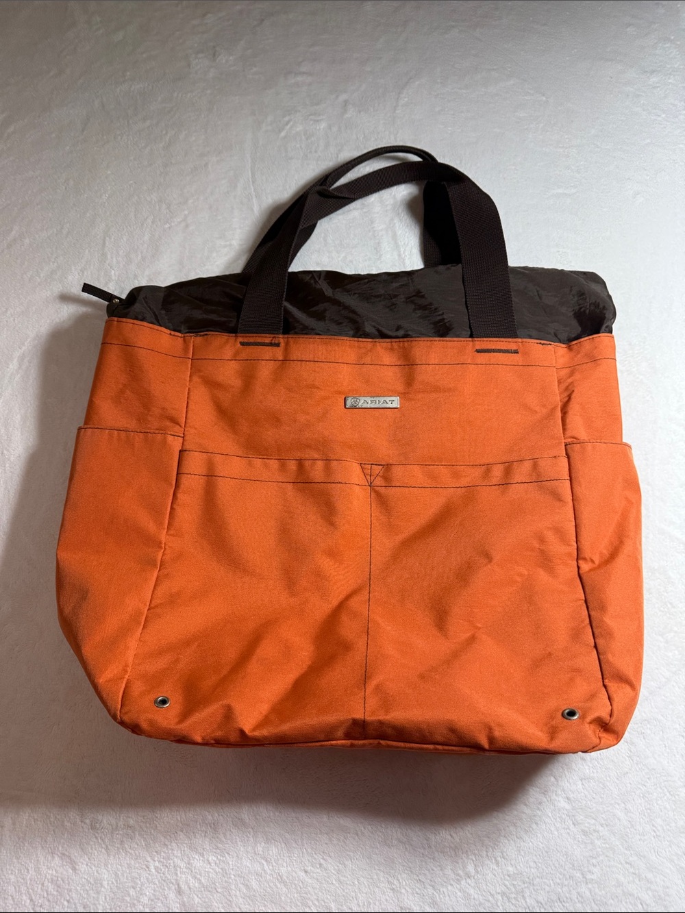 Ariat Orange Tote with Brown Top and Handles - Front Pocket Design